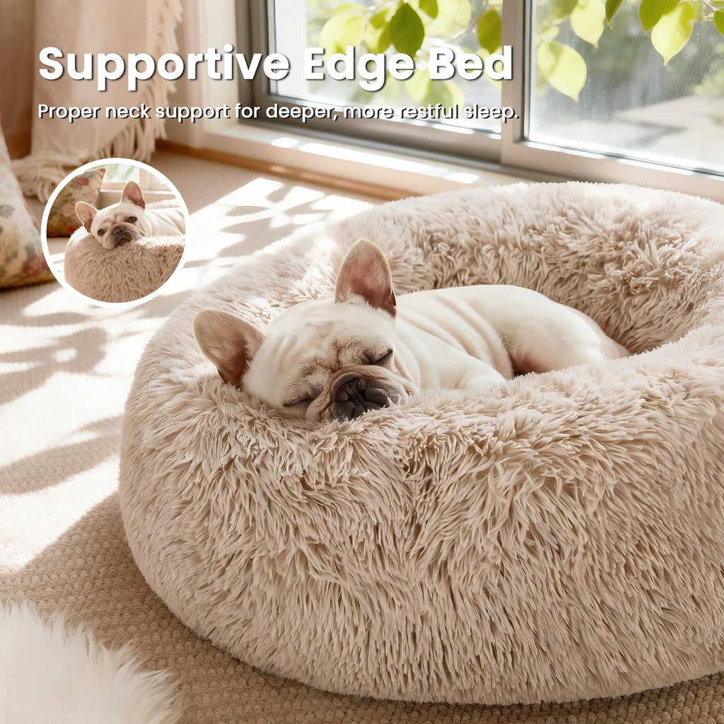 Calming Dog & Cat Bed, Cat Bed for Indoor Cats, Anti-Anxiety Donut round Bed, Fluffy Warming Pet Bed for Small Medium Dogs and Cats, Beige Taupe 20"/24"