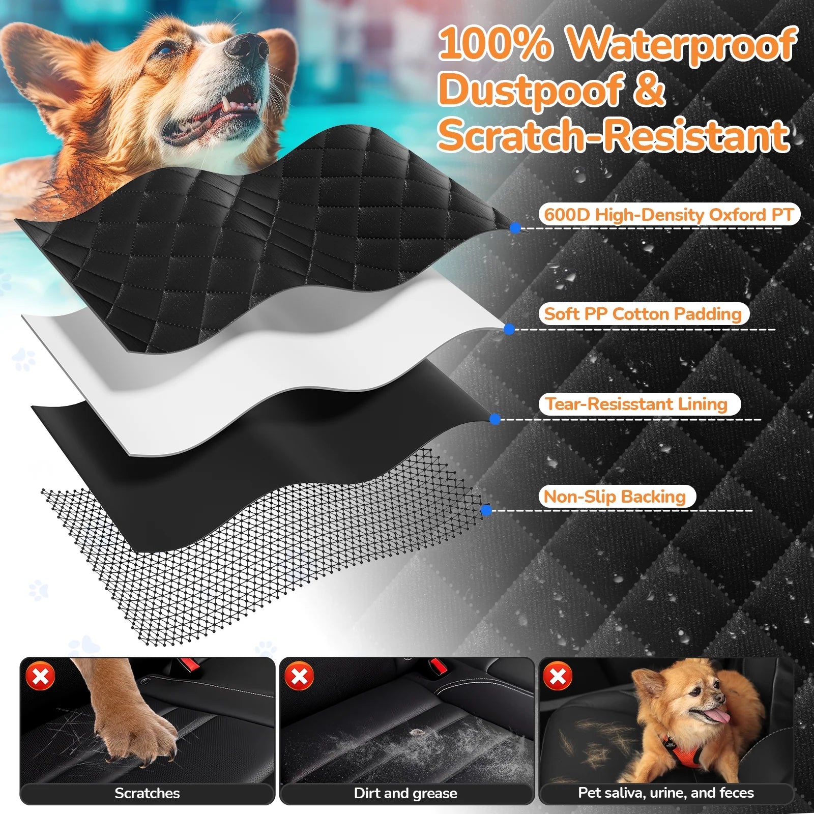 Ultimate Dog Seat Cover - Waterproof, Scratch-Resistant Non-Slip Car Hammock with Seatbelt for Pet Protection