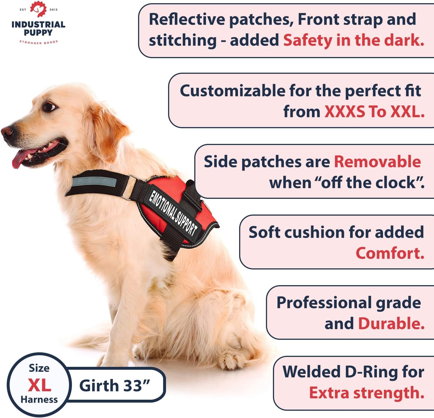 Comfort & Safety Pink Emotional Support Vest Harness for Dogs - Large 27-33 In, Adjustable, Durable with Reflective Straps, Removable Patches, Handle & Leash Attachment for Travel & Daily Use