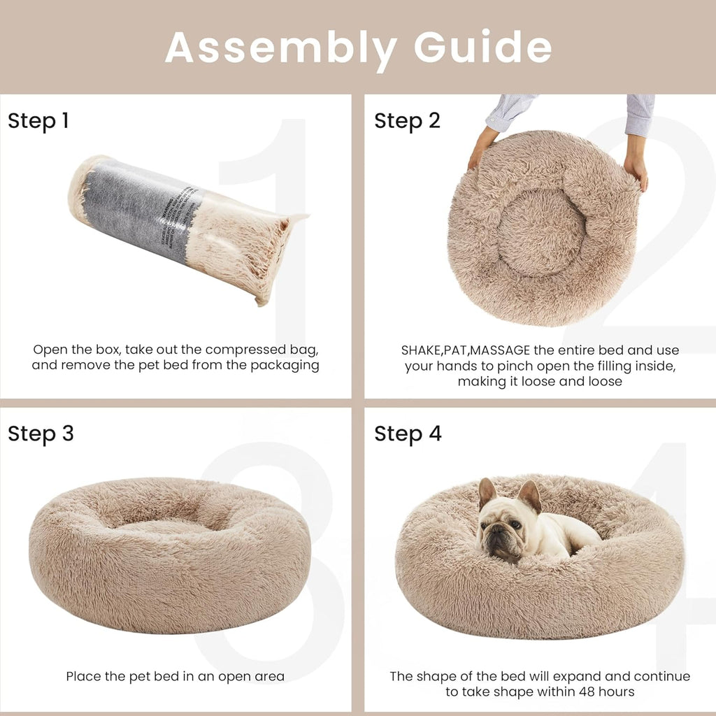 Calming Dog & Cat Bed, Cat Bed for Indoor Cats, Anti-Anxiety Donut round Bed, Fluffy Warming Pet Bed for Small Medium Dogs and Cats, Beige Taupe 20"/24"