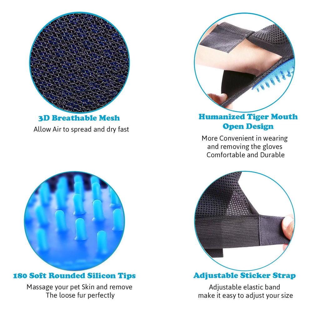 Pet Grooming Gloves - Blue Deshedding Mitt for Dogs and Cats, Hair Remover & Massager (1 Pair)
