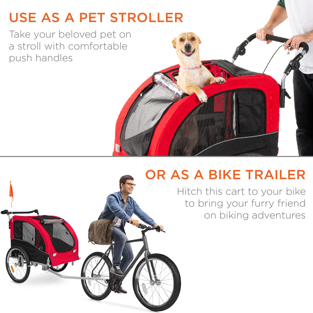 Ultimate 2-in-1 Dog Bike Trailer & Pet Stroller - Safe, Stylish Carrier with Hitch, Brakes, Visibility Flag, & Reflector