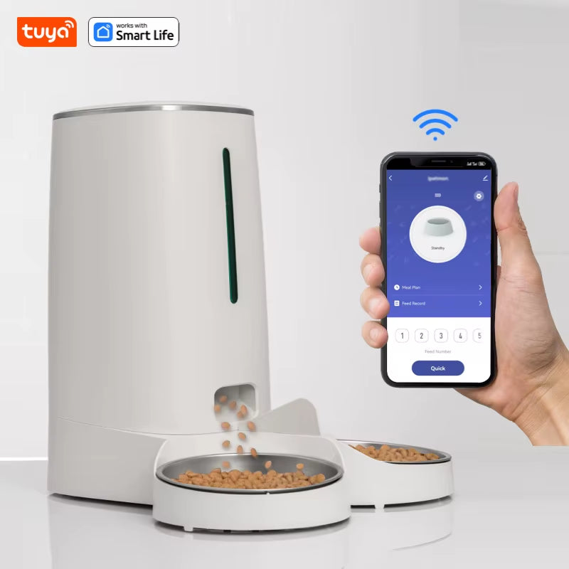 Smart Wifi Cat Feeder for 2 Cats - 4L App-Controlled Dispenser with Double Stainless Steel Bowls and Low Food Alarms