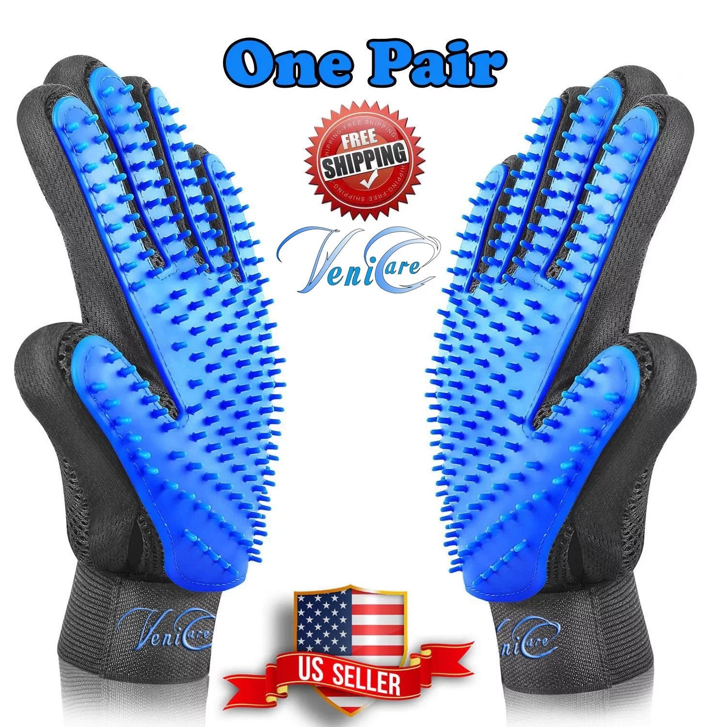 Pet Grooming Gloves - Blue Deshedding Mitt for Dogs and Cats, Hair Remover & Massager (1 Pair)