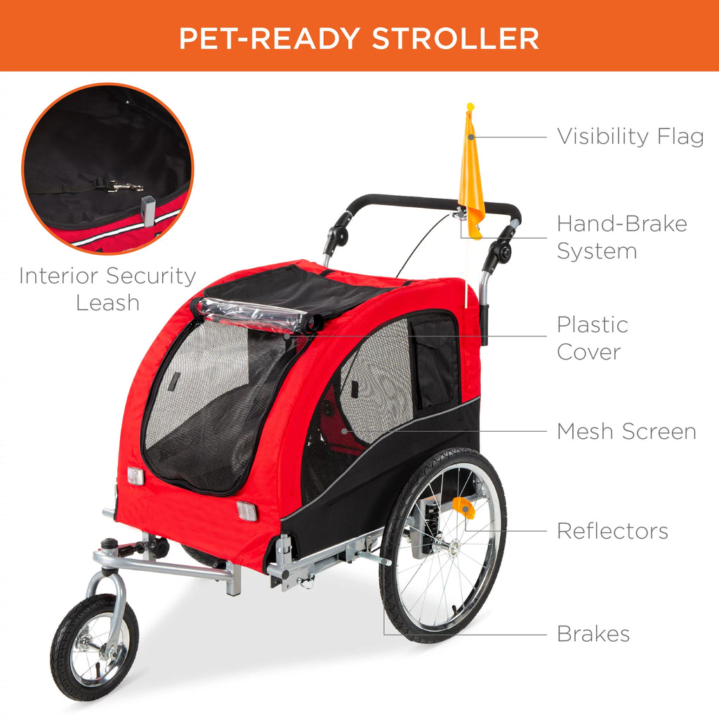 Ultimate 2-in-1 Dog Bike Trailer & Pet Stroller - Safe, Stylish Carrier with Hitch, Brakes, Visibility Flag, & Reflector